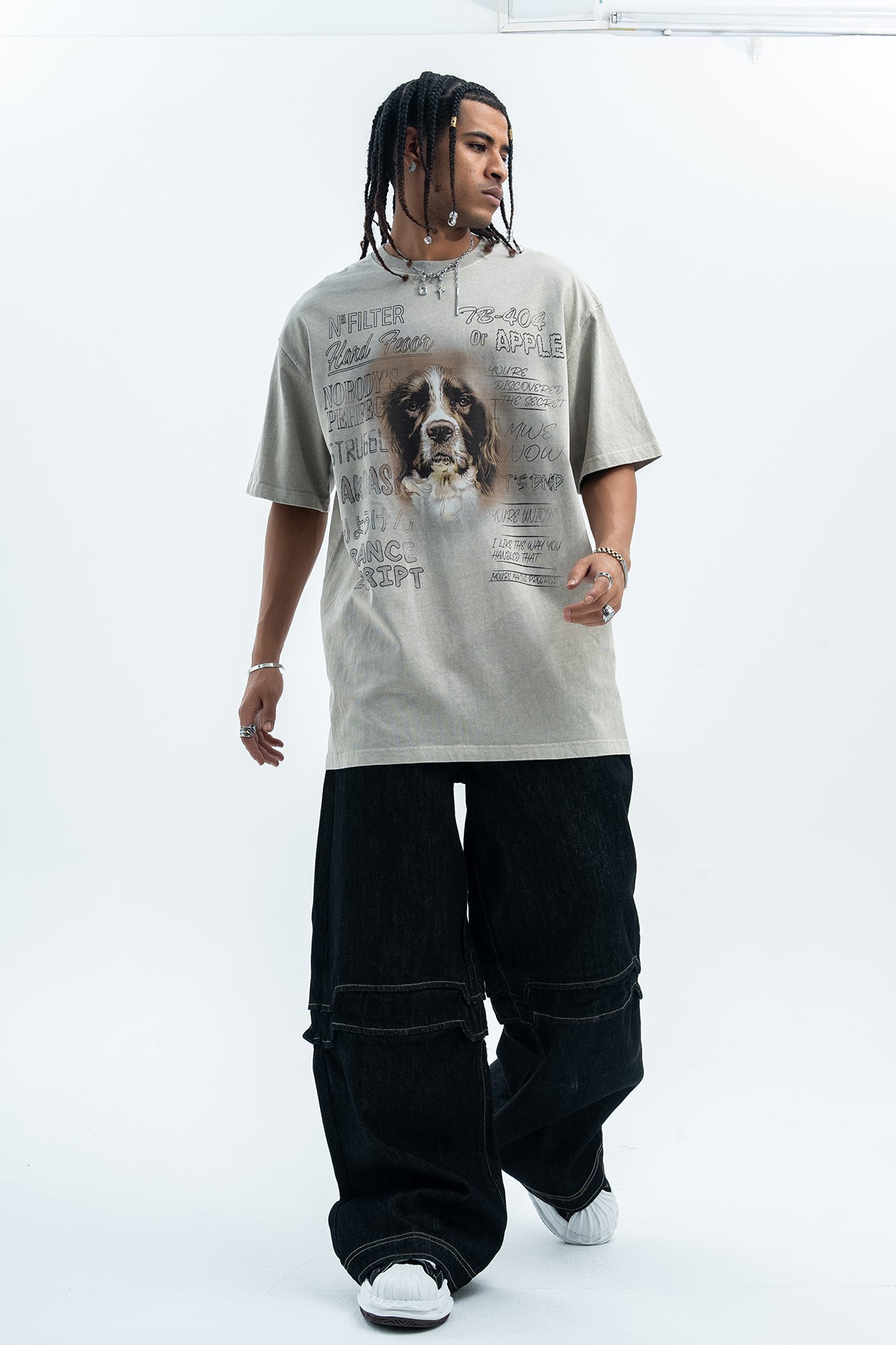 Dog t-shirt puppy print top retro cartoon tee animal jumper in grey