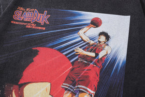 Basketball player cartoon t-shirt Japanese anime tee retro sports top in vintage grey