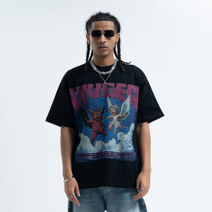 Angel devil t-shirt funny religion top retro cartoon tee in black