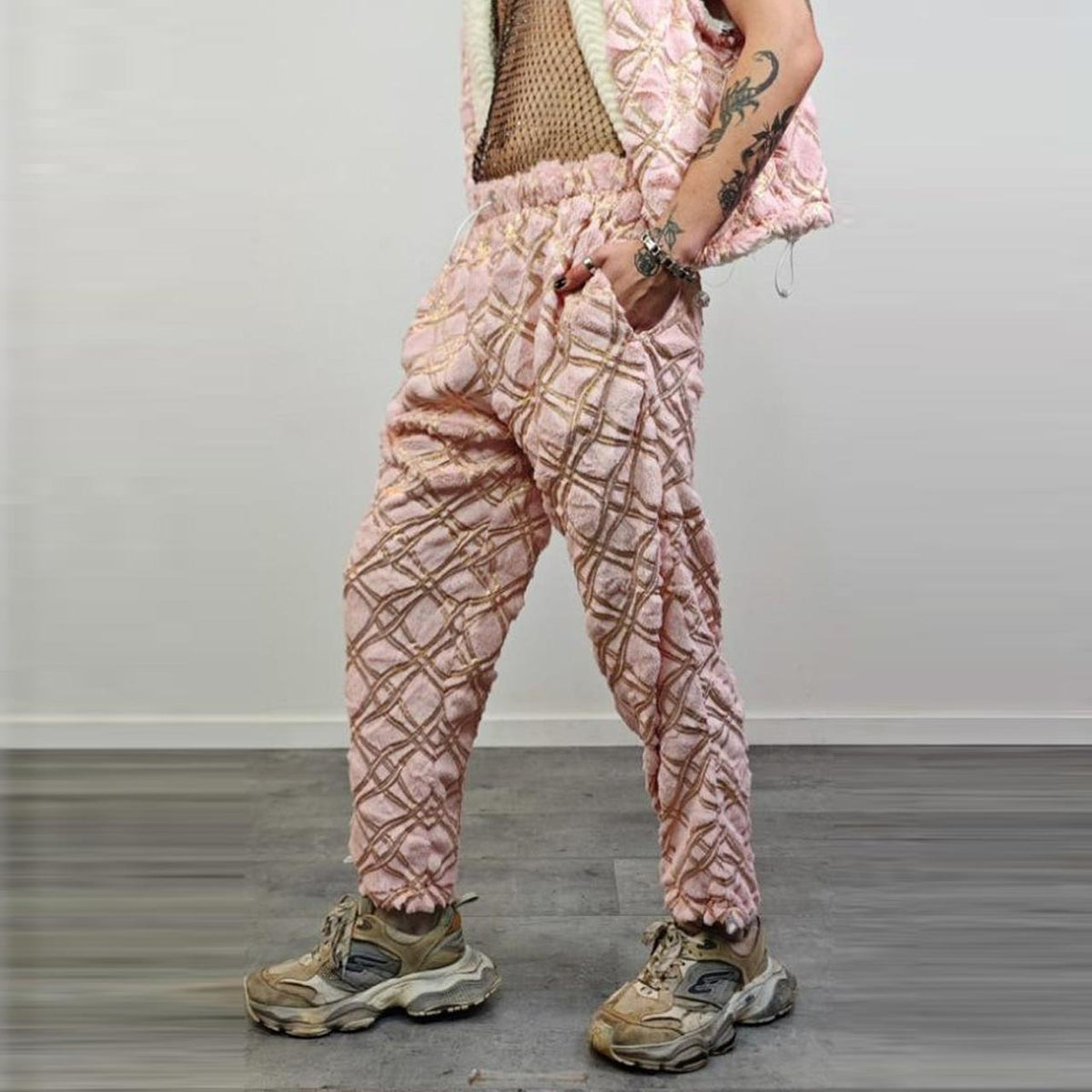 Glitter joggers pink track pants gold embellished trousers metallic hotpants fleece rave overalls sports set burning man outfit festival