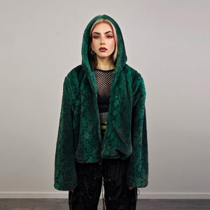Snake faux fur jacket green hooded short python coat crocodile rave pullover fluffy detachable sleeves festival overcoat burning man fleece