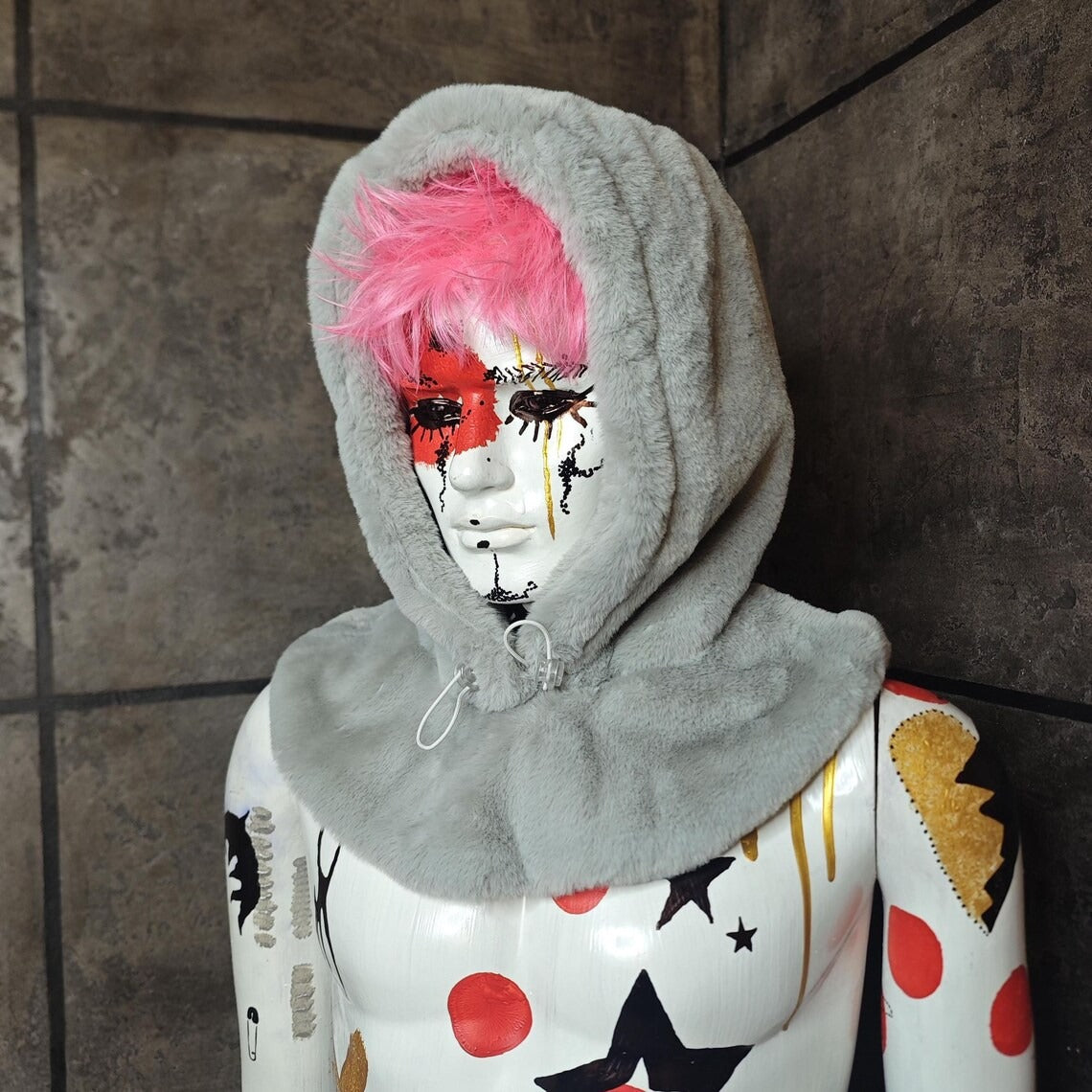 Faux fur hood gray fuzzy snood handmade hooded hat ski cap allover fluffy fleece scarf unisex bucket grunge winter festival resort headwear