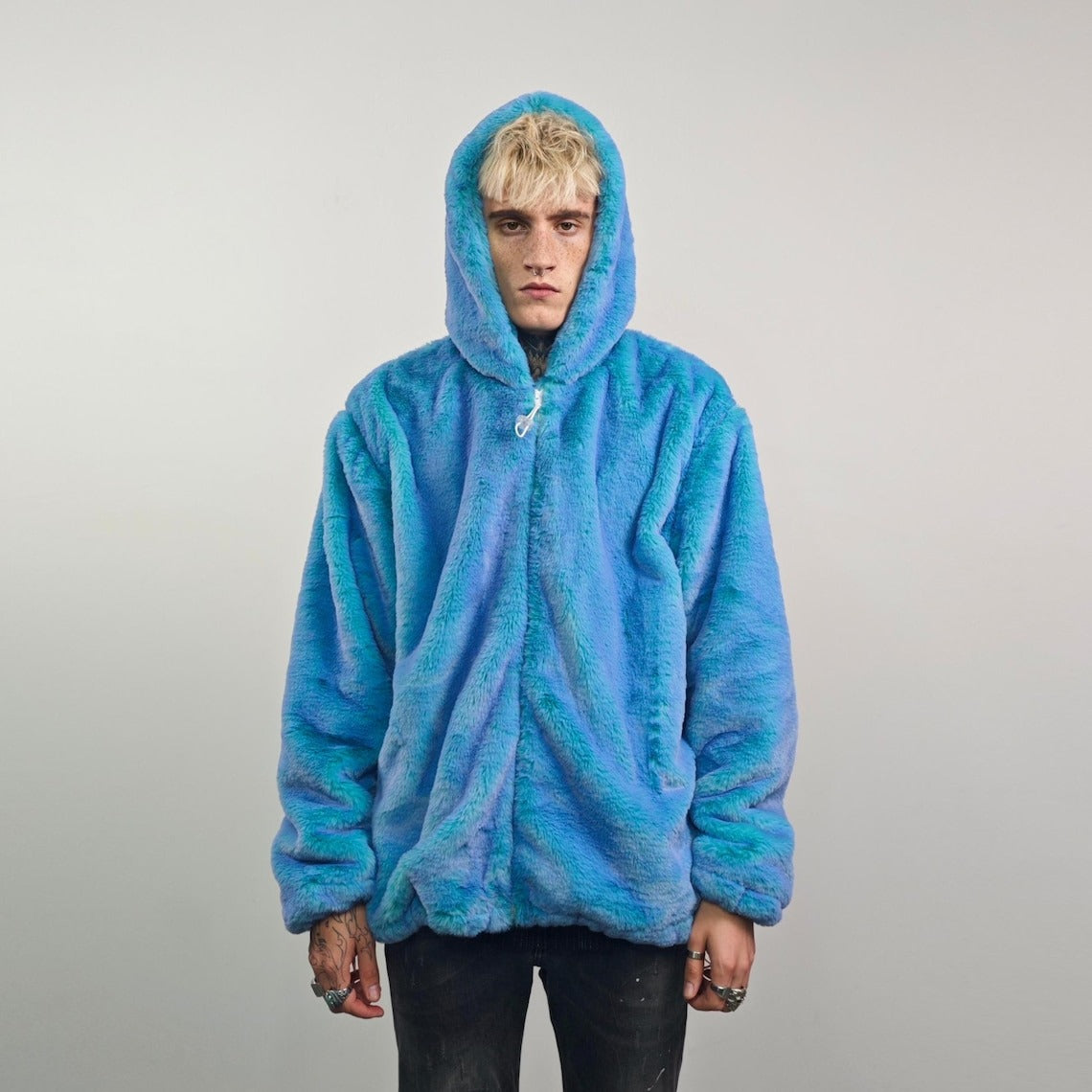 Chameleon faux fur jacket blue luminous fleece color changing bomber psychedelic pullover detachable sleeves handmade rave festival overcoat