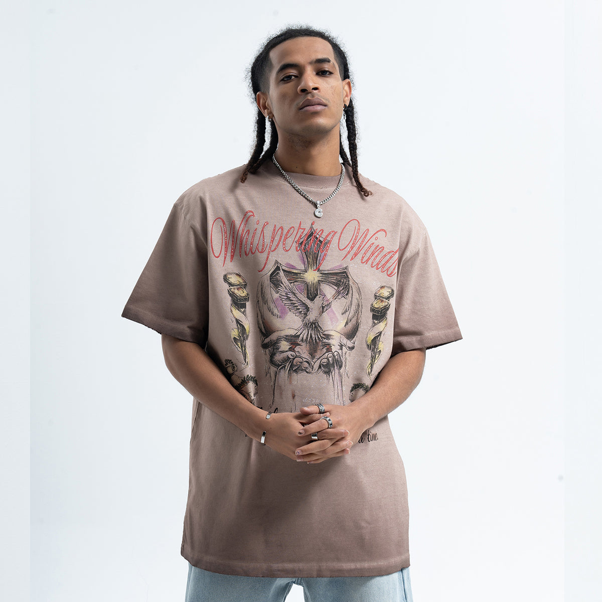 Psychedelic t-shirt white dove top retro religion tee in cream