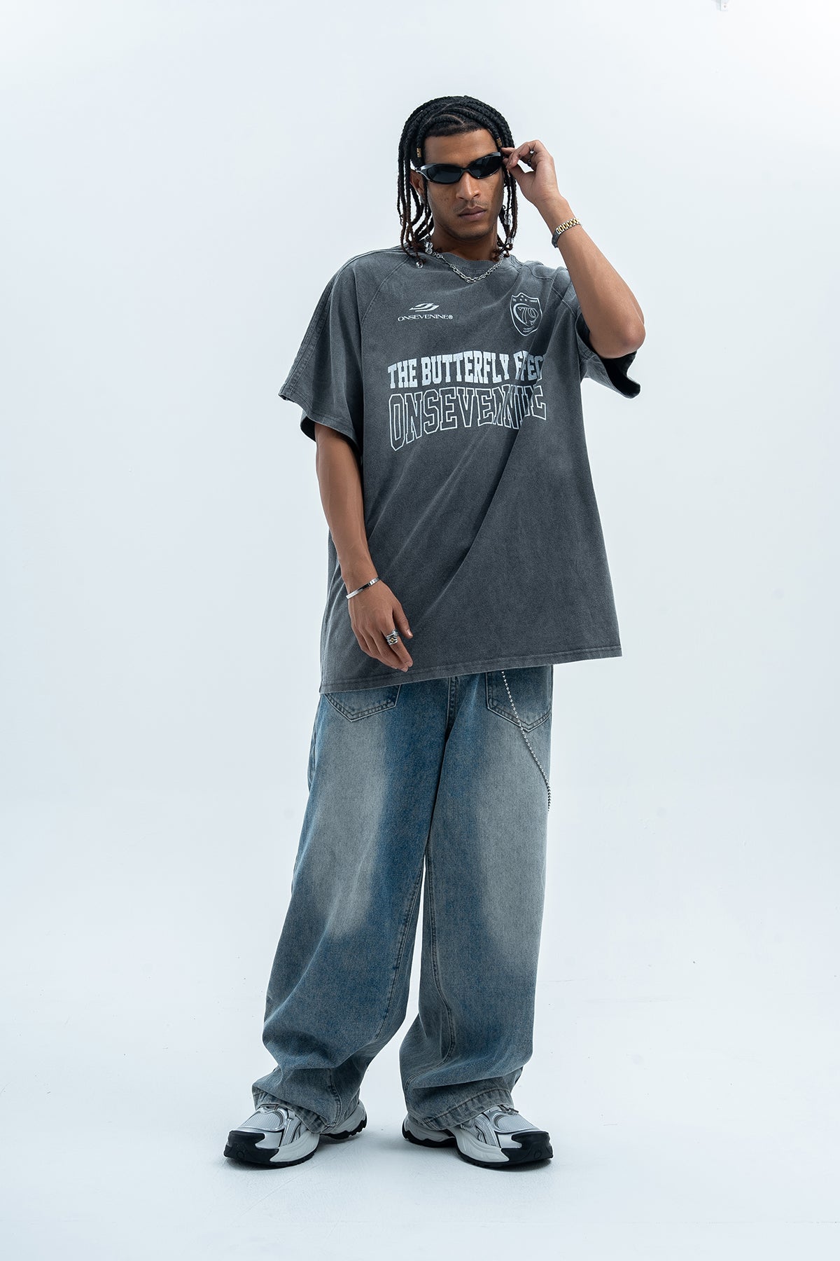 Butterfly effect t-shirt grunge slogan tee racing top in grey