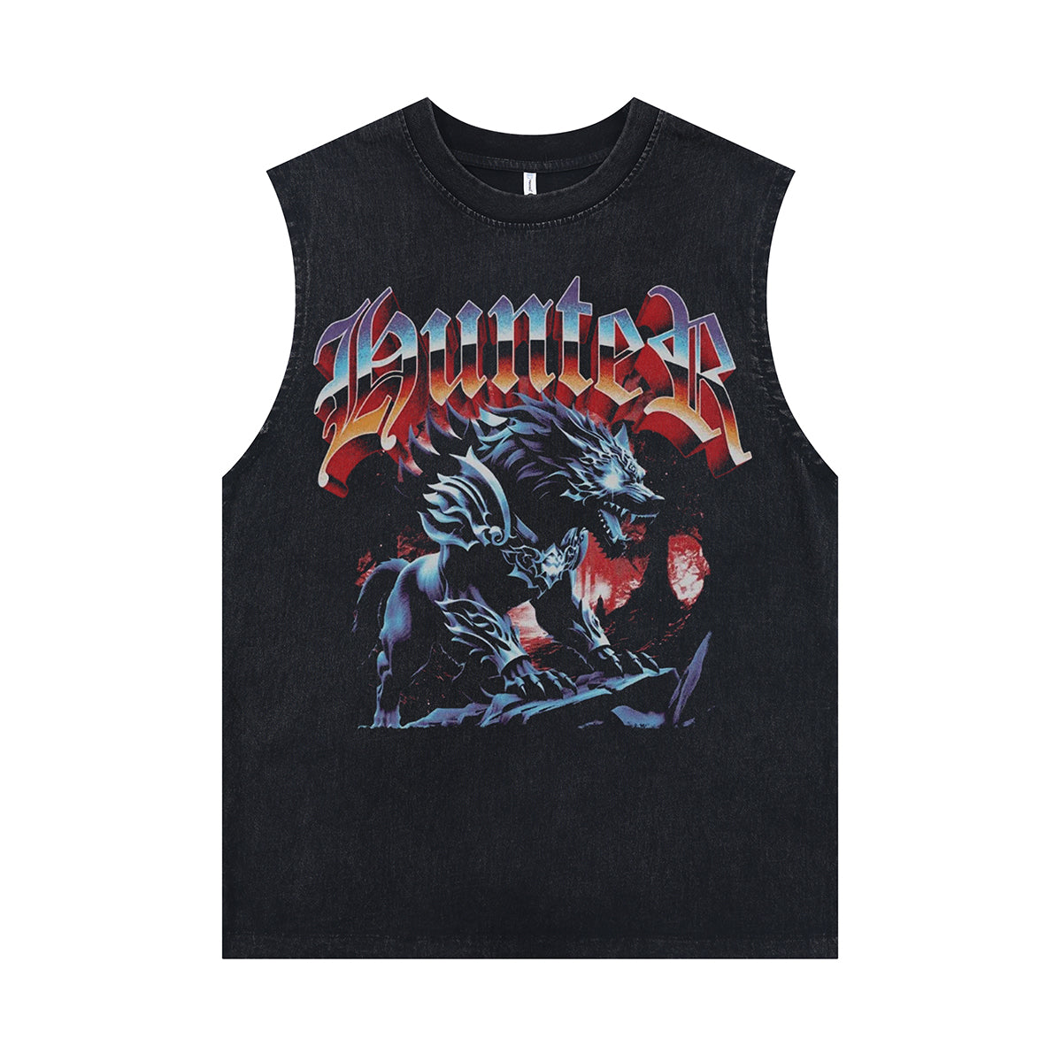 Warewolf sleeveless t-shirt gothic cartoon surfer vest 00s grunge tank top in acid wash black