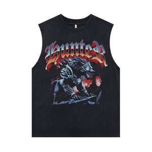 Warewolf sleeveless t-shirt gothic cartoon surfer vest 00s grunge tank top in acid wash black