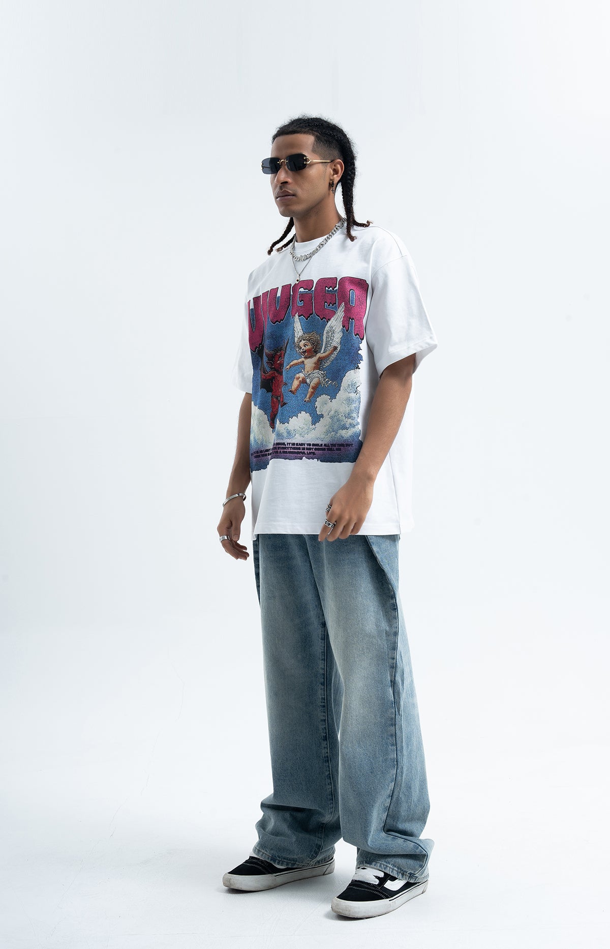 Angel devil t-shirt funny religion top retro cartoon tee in black