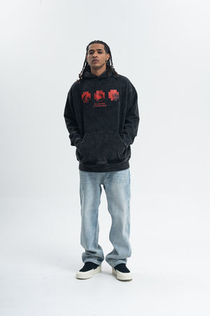 Creepy print hoodie gothic pullover retro cartoon jumper in vintage acid grey