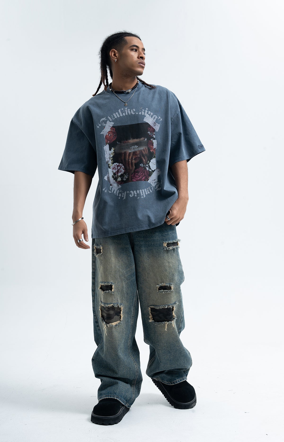 Blindfold t-shirt creepy girl top grunge punk tee in blue