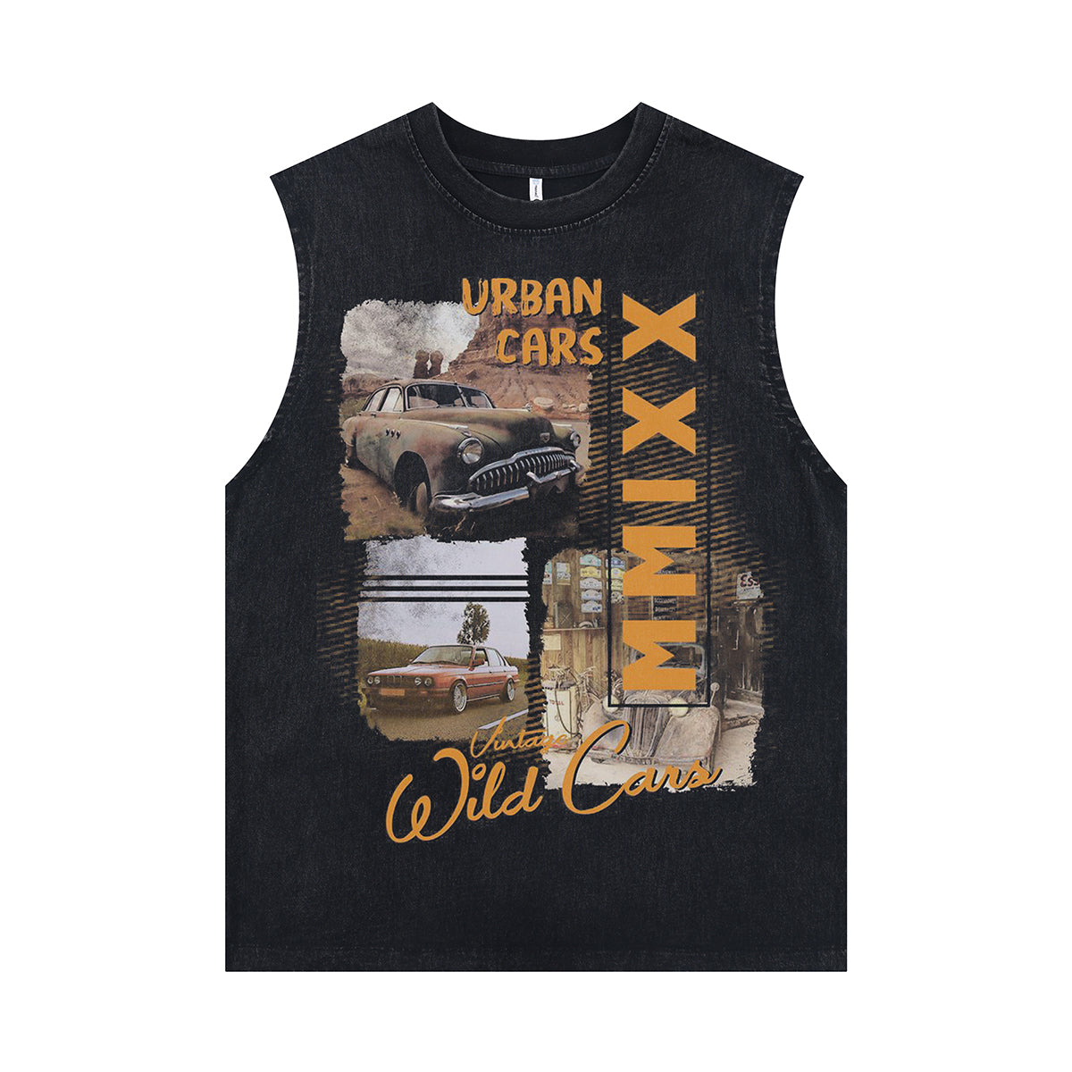American car sleeveless t-shirt retro poster surfer vest 80s motorsports tank top in acid wash black