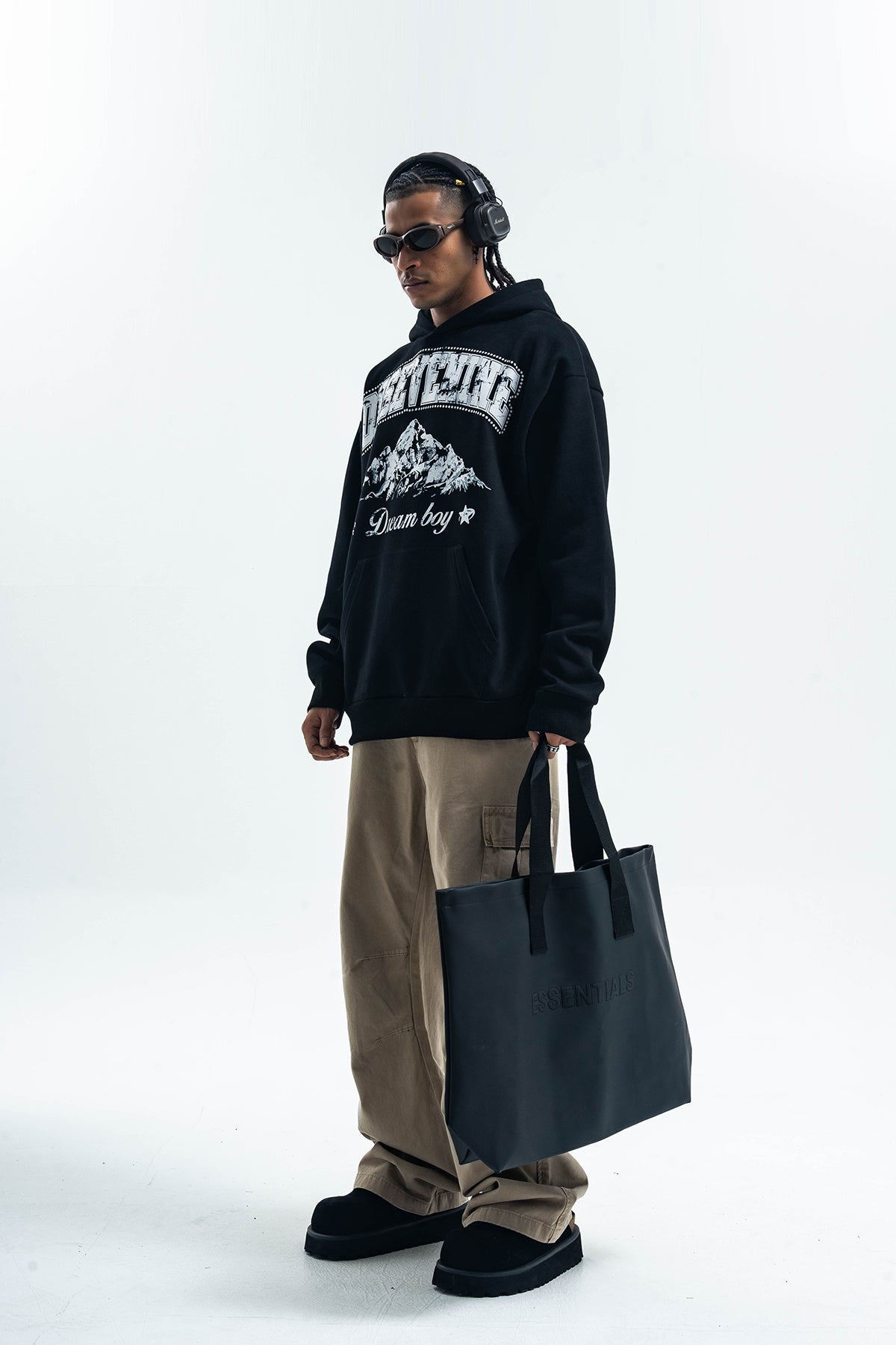 Dream boy slogan hoodie mountain print pullover retro landcape poster jumper in brown