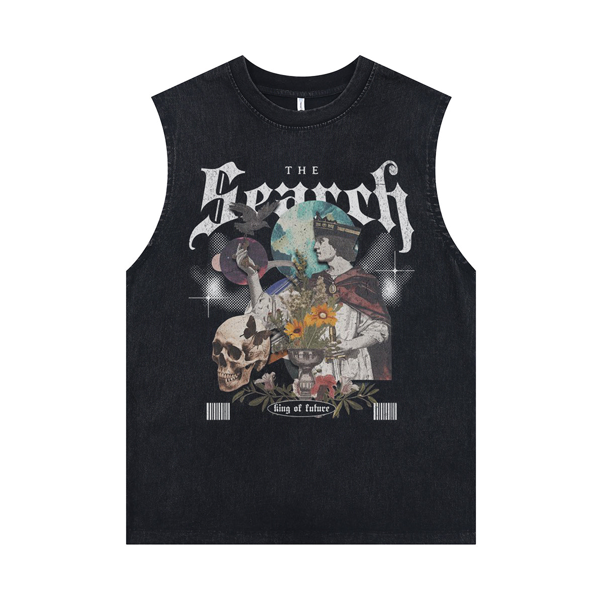 King print sleeveless t-shirt medieval cartoon vest 80s poster psychedelic tank top in acid wash black