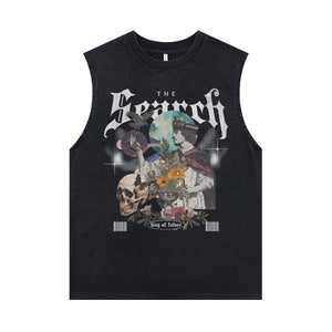 King print sleeveless t-shirt medieval cartoon vest 80s poster psychedelic tank top in acid wash black