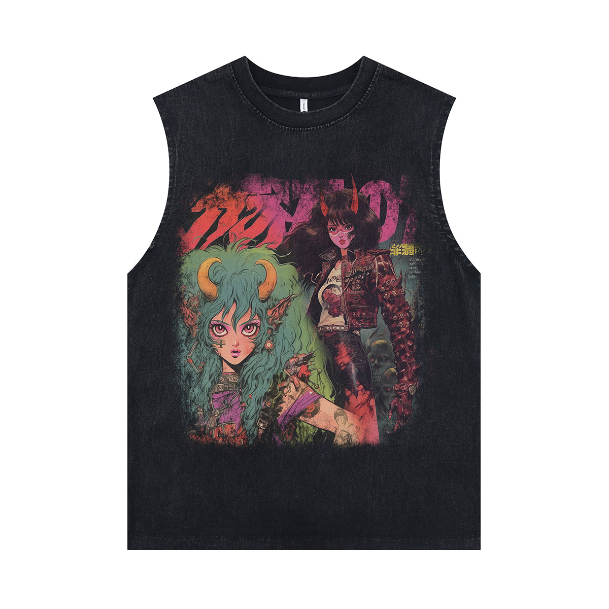 Anime devil cartoon sleeveless t-shirt Japanese poster surfer vest 00s retro Manga tank top in acid wash black