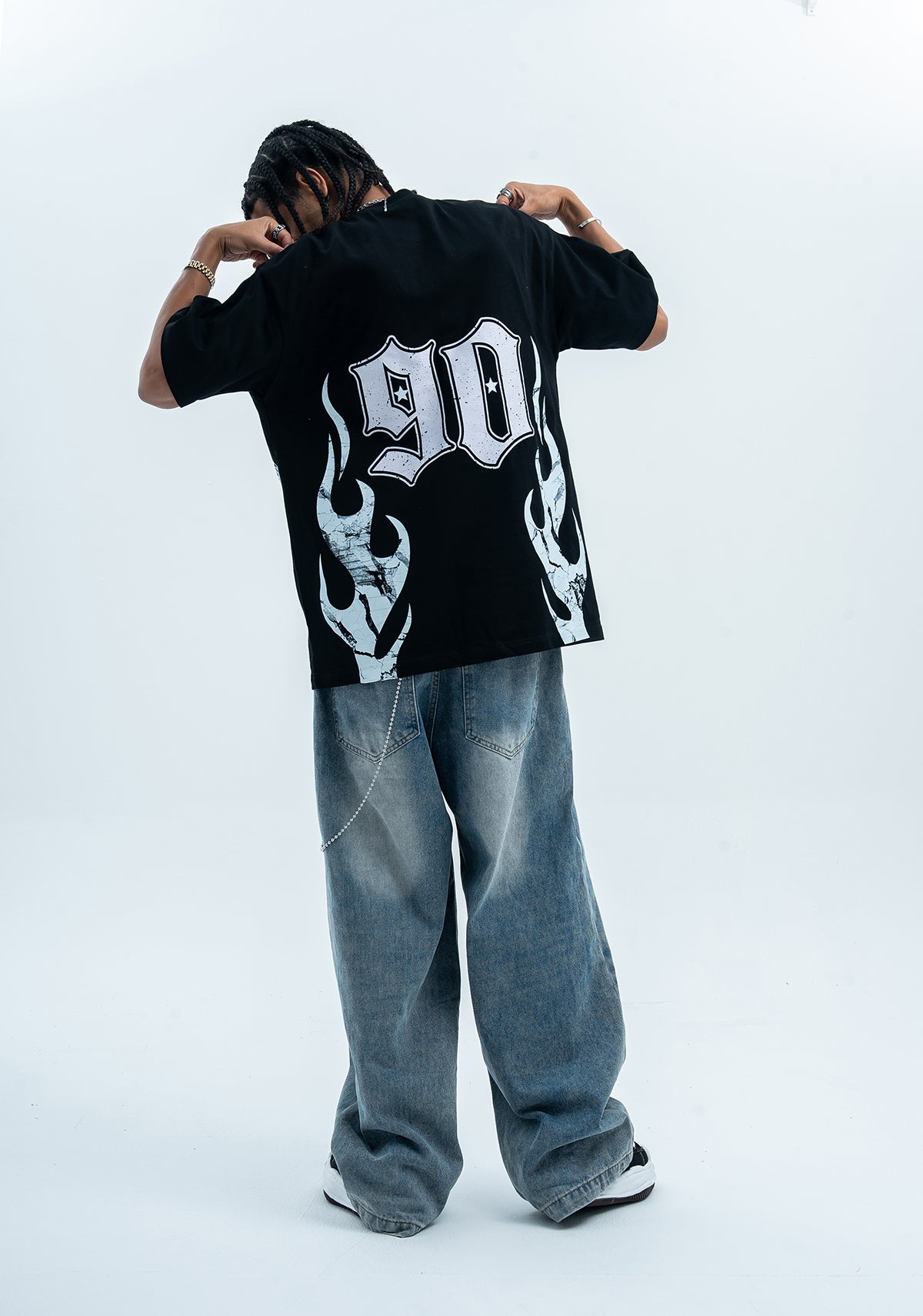 Flame print t-shirt retro cartoon top graffiti tee 90s jumper in black