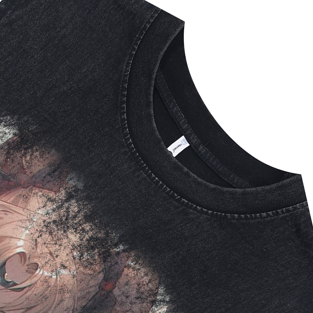 Cute anime girl sleeveless t-shirt vintage Japanese vest retro cartoon tank top in acid wash black