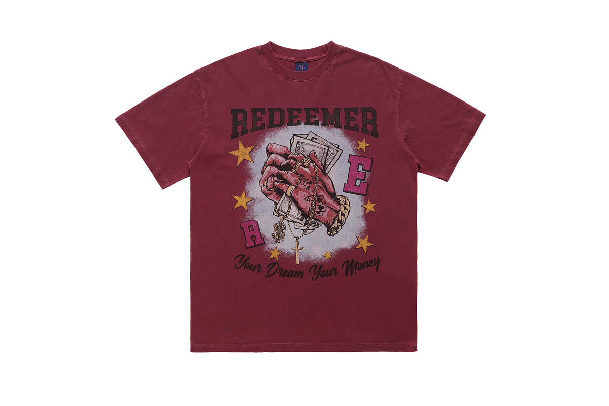 Money slogan t-shirt praying hands top cross print tee in red