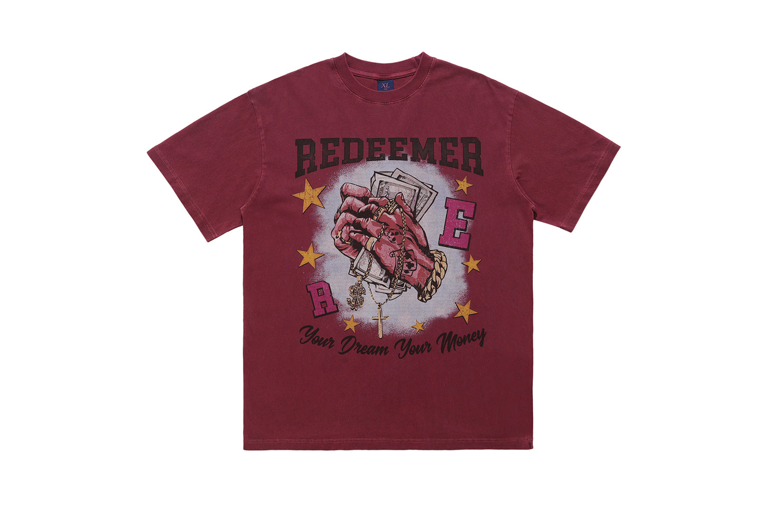 Money slogan t-shirt praying hands top cross print tee in red