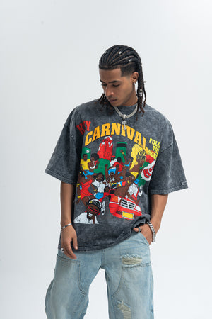 Carnival slogan t-shirt retro cartoon top 00s party tee in grey