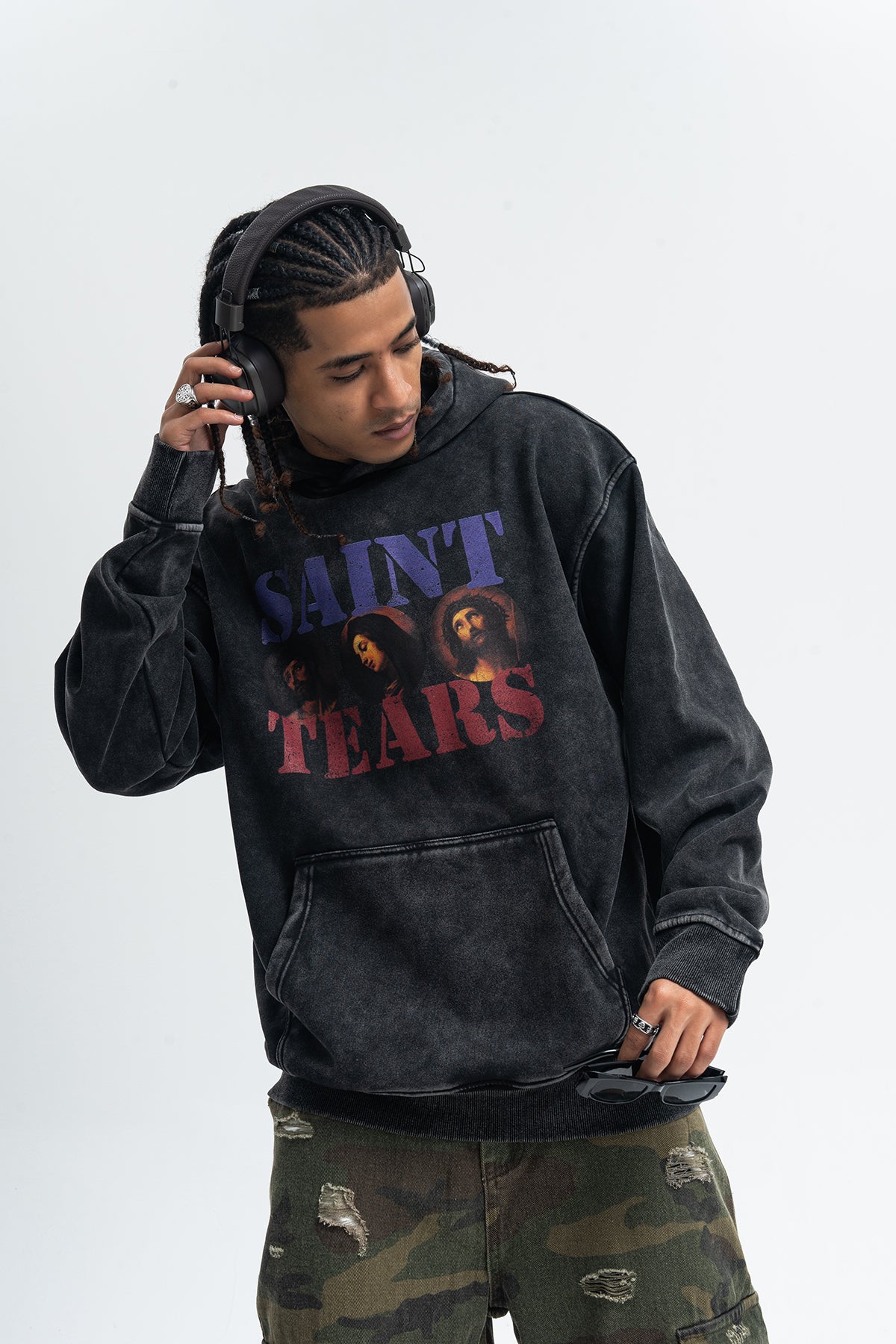 Saint print hoodie vintage wash religion jumper grunge retro pullover in acid grey