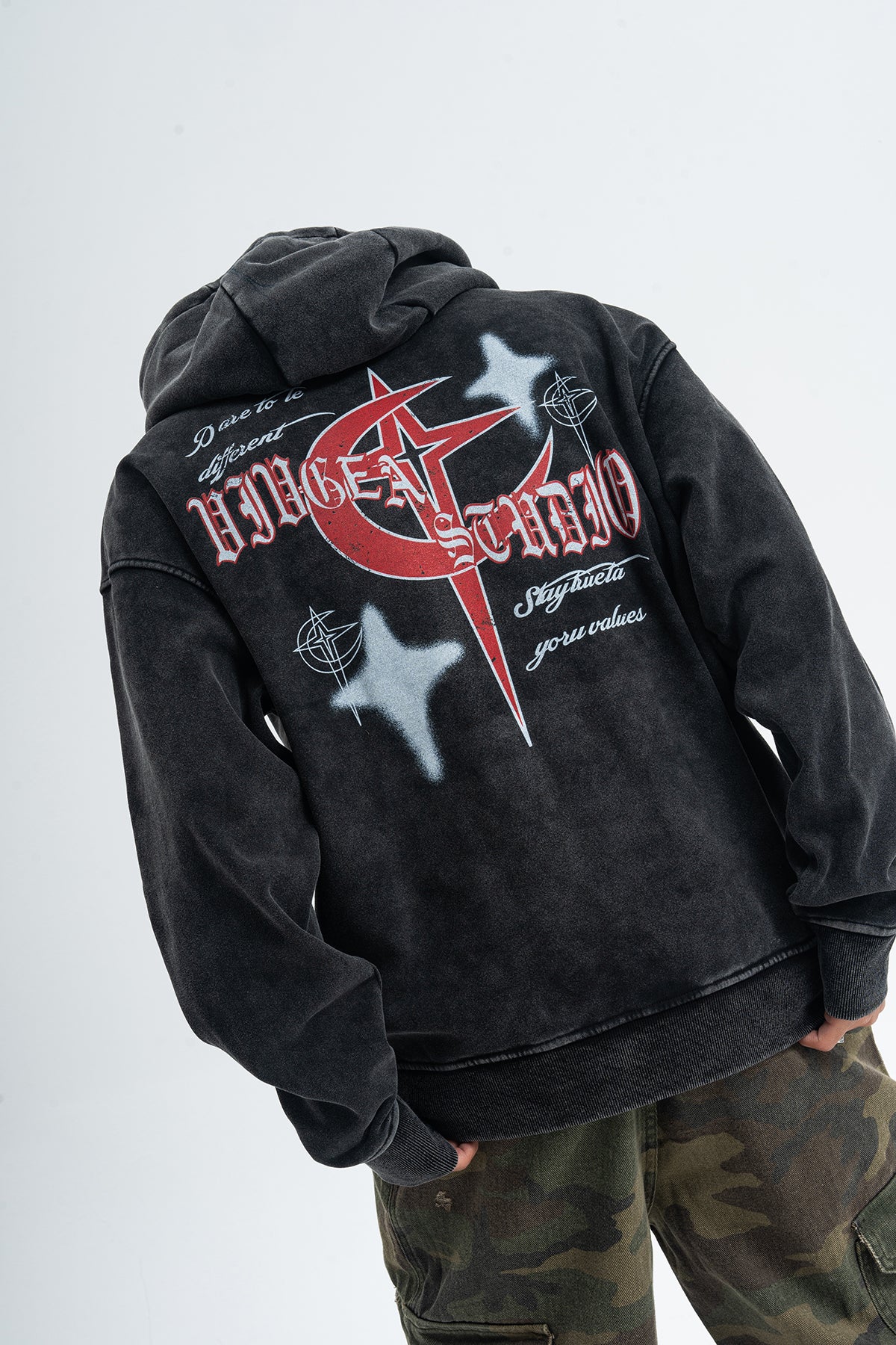 Anti war hoodie retro piece pullover grunge vintage wash jumper in acid grey