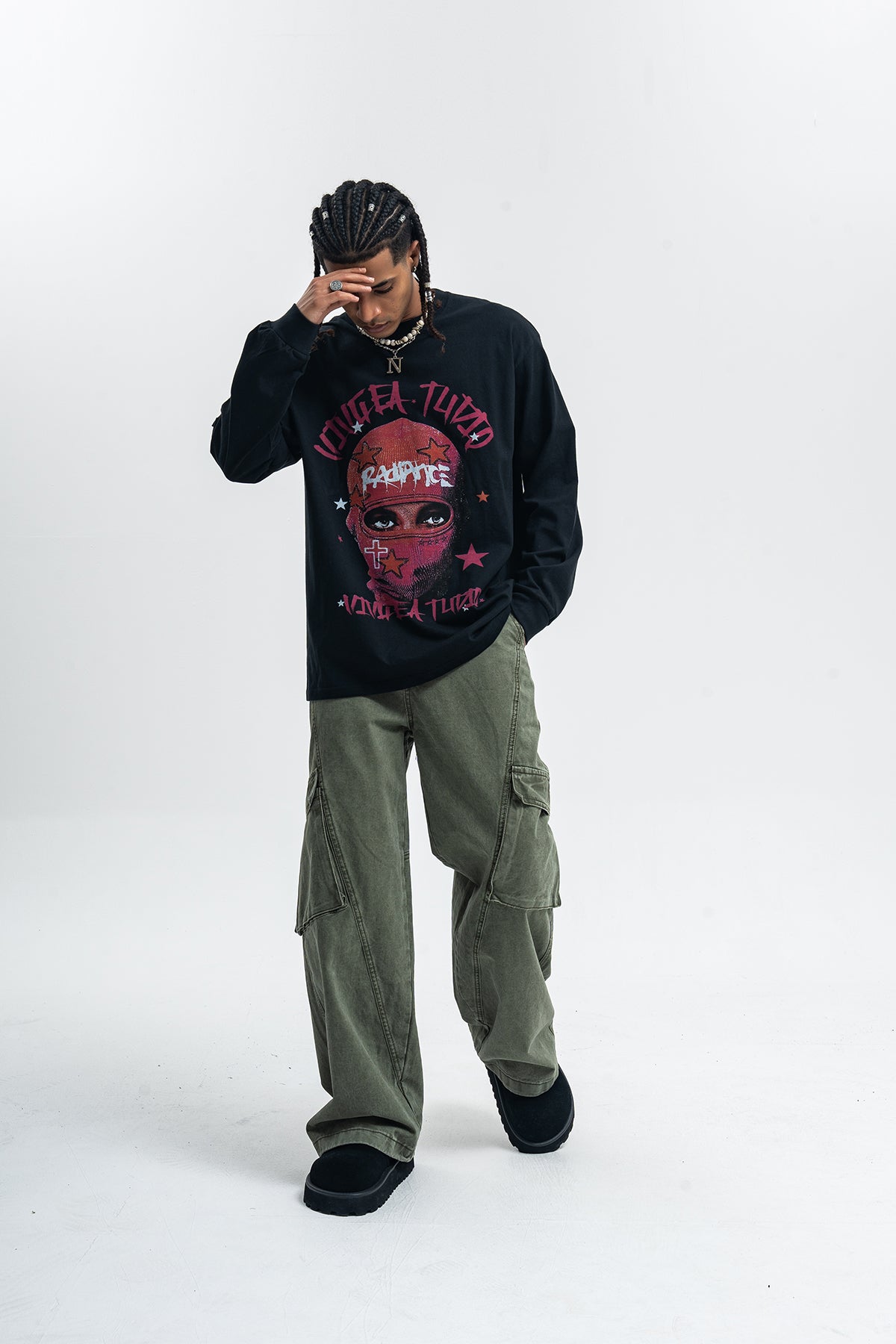 Balaclava print long sleeve top ganster t-shirt hip-hop jumper in white