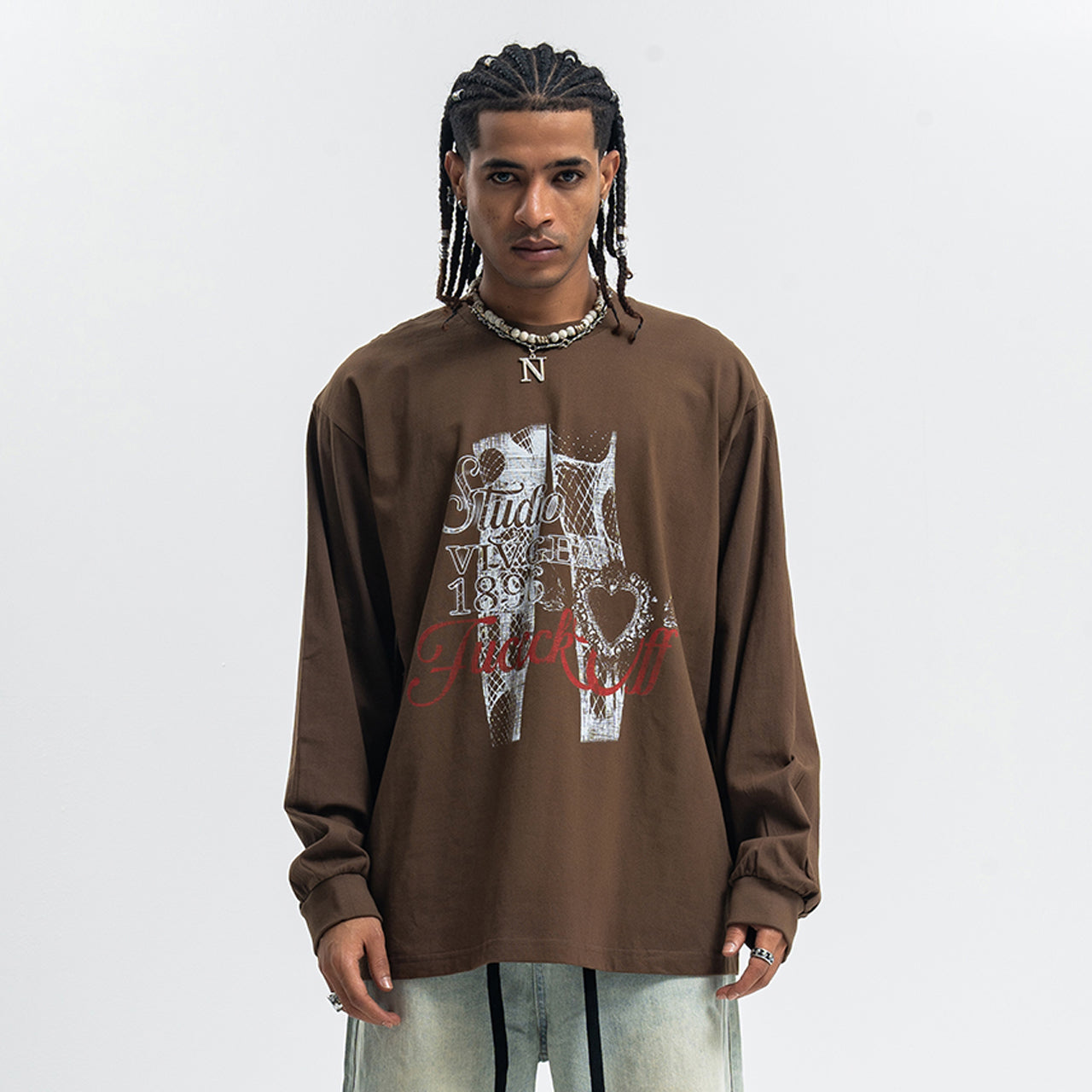 Fuck off slogan jumper pinup girl print top long sleeve retro grunge t-shirt in brown