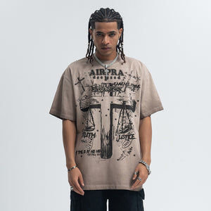 Cross print t-shirt religion top grunge saint tee in grey