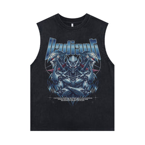 Cyborg sleeveless t-shirt robot cartoon surfer vest retro grunge slogan tank top in acid wash black
