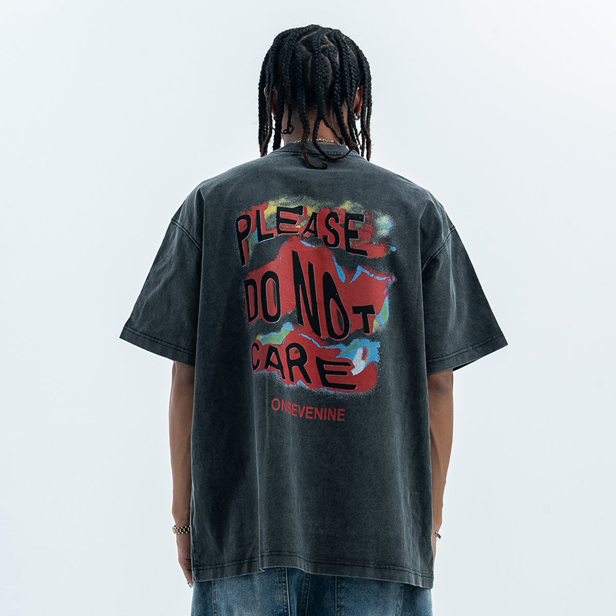 Psychedelic graffiti t-shirt dont care slogan top in grey