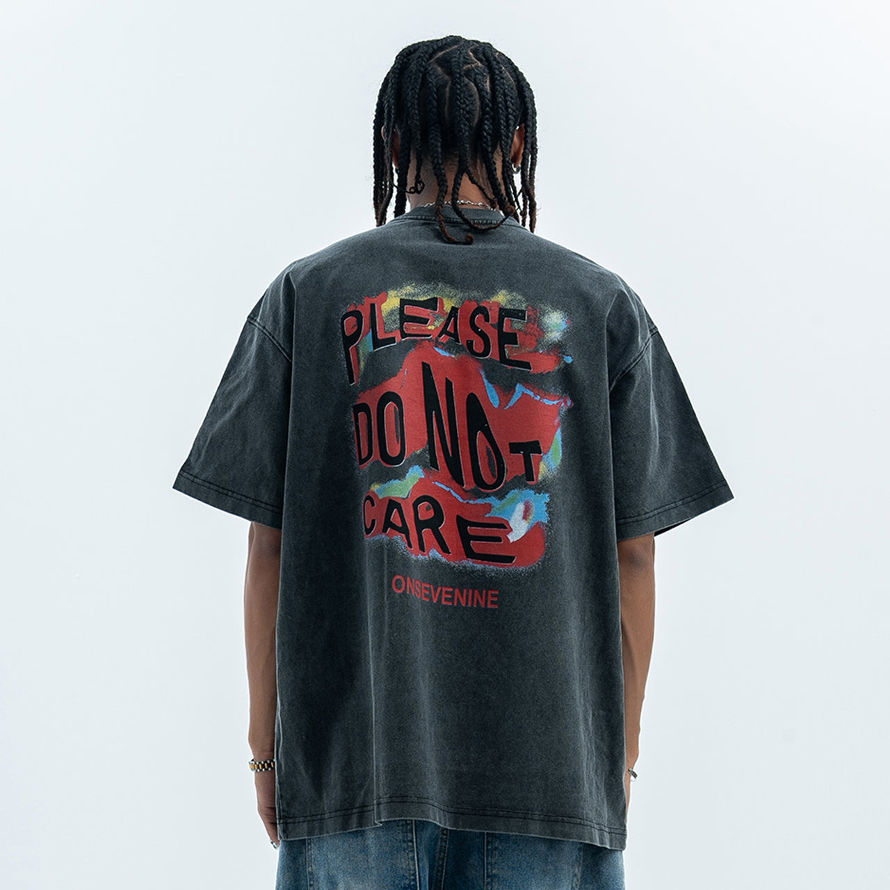 Psychedelic graffiti t-shirt dont care slogan top in black