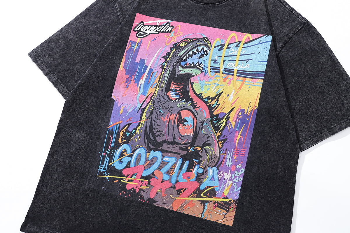 Godzilla t-shirt monster print tee y2k cartoon top in vintage grey