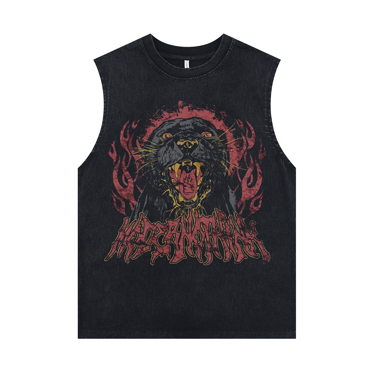 Panther print vintage sleeveless t-shirt wild cat cartoon surfer vest retro metalcore tank top in acid wash black