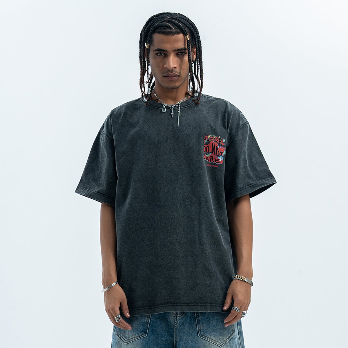 Psychedelic graffiti t-shirt dont care slogan top in grey