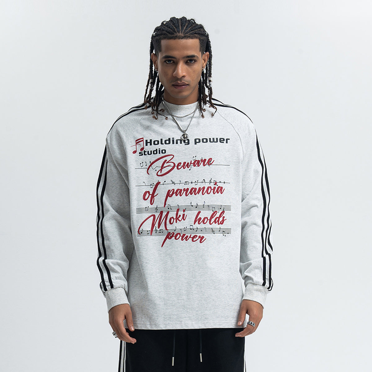 Paranoia slogan jumper long sleeve striped top music notes print retro t-shirt in white