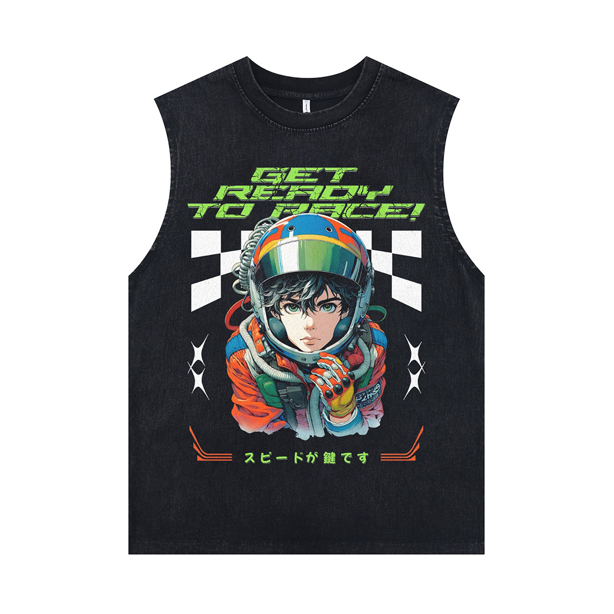Racer boy cartoon sleeveless t-shirt retro anime surfer vest motorsports tank top in acid wash black