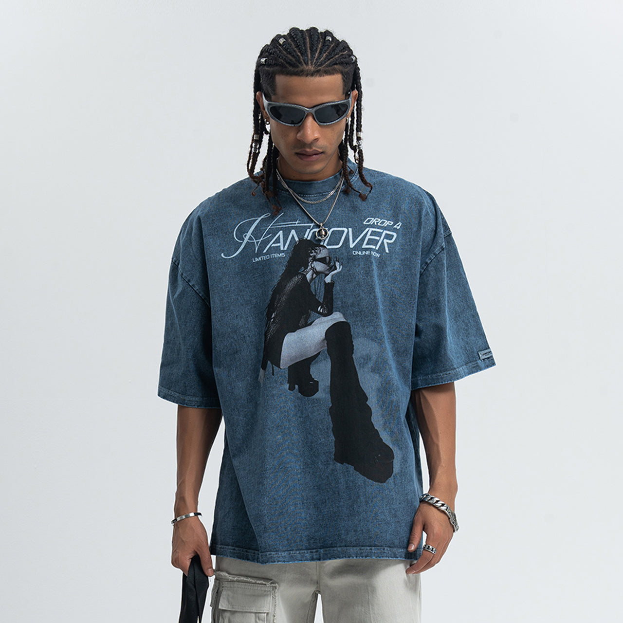 Hangover slogan t-shirt psychedelic girl print top y2k raver tee in Blue