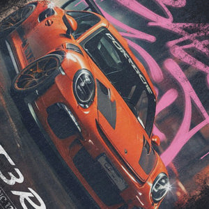 Racing car sleeveless t-shirt retro motorsports surfer vest sports print tank top in acid wash black