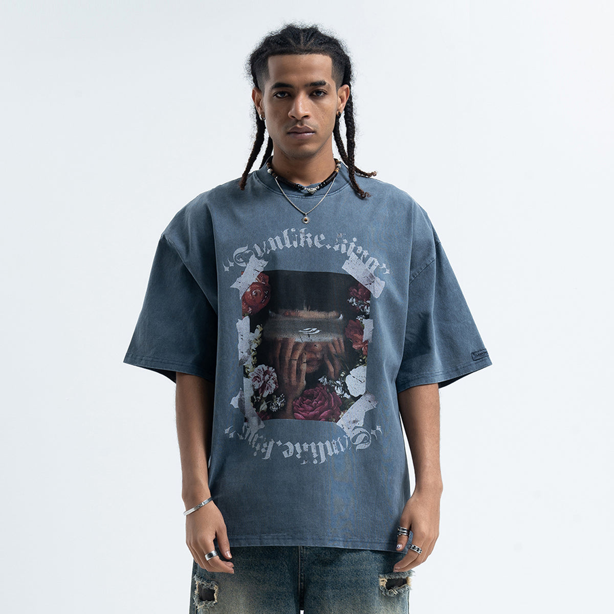 Blindfold t-shirt creepy girl top grunge punk tee in blue