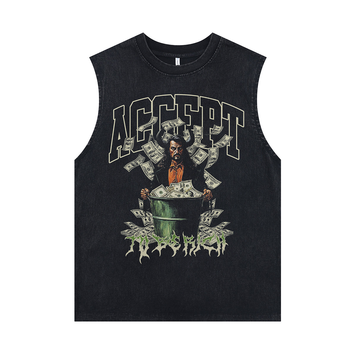 Dollar print sleeveless t-shirt retro money cartoon surfer vest USA poster tank top in acid wash black