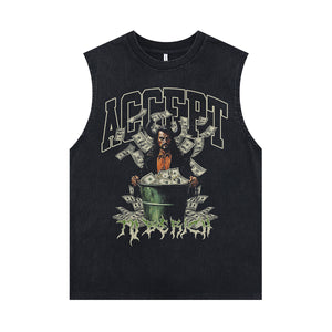 Dollar print sleeveless t-shirt retro money cartoon surfer vest USA poster tank top in acid wash black