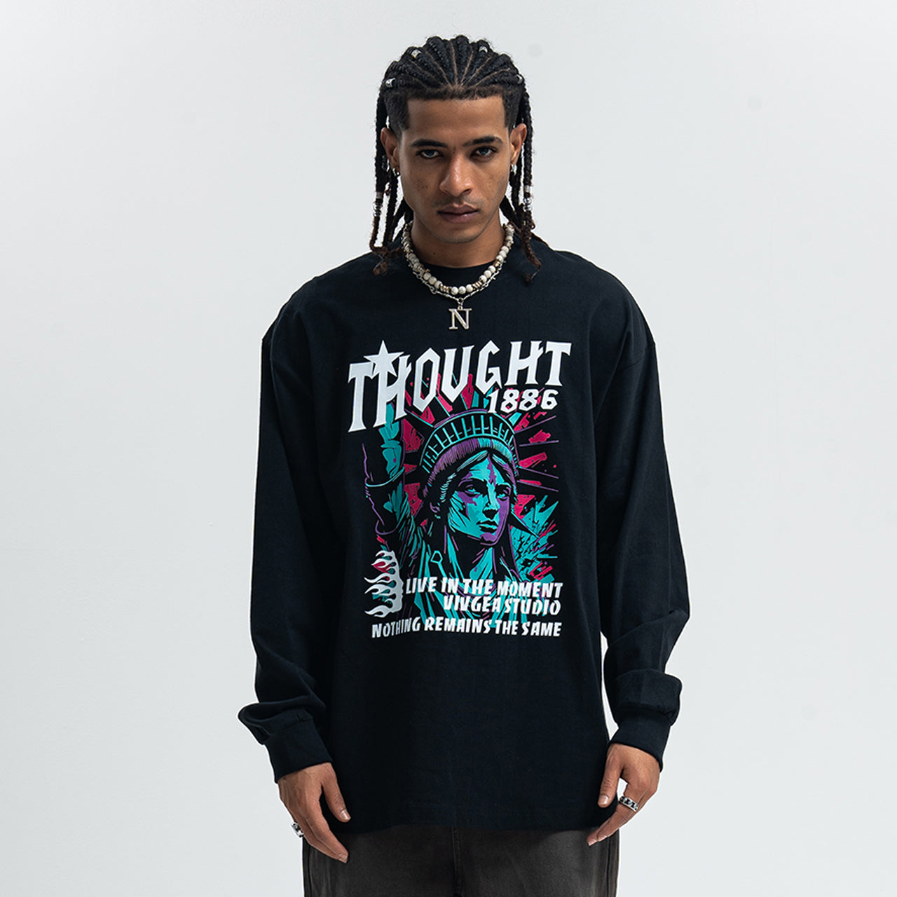 Statue of Liberty jumper creepy American top long sleeve USA t-shirt in black