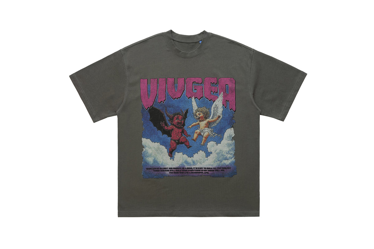 Angel devil t-shirt funny religion top retro cartoon tee in black
