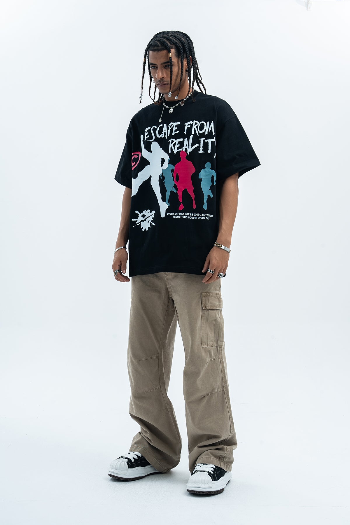 Psychedelic t-shirt graffitit top escape slogan tee raver jumper in black