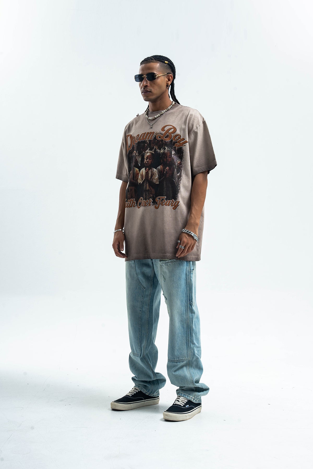 Grunge rapper t-shirt retro hip-hop tee saint slogan top in grey