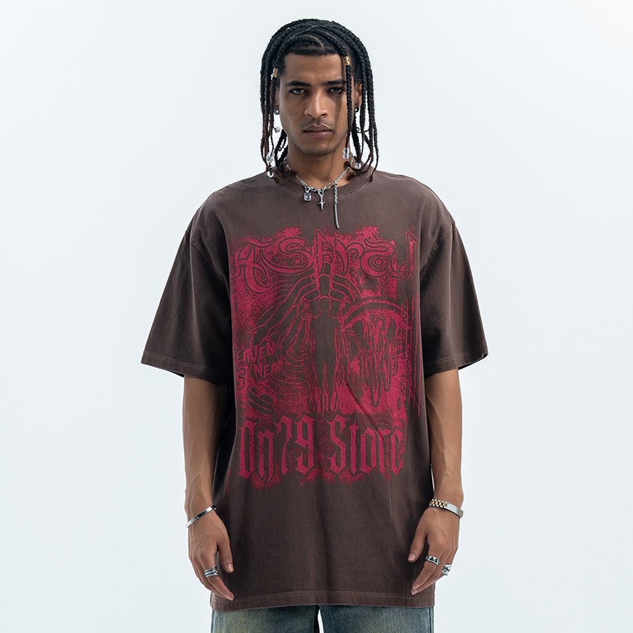 Psychedelic t-shirt Aura top Angel print tee in Brown