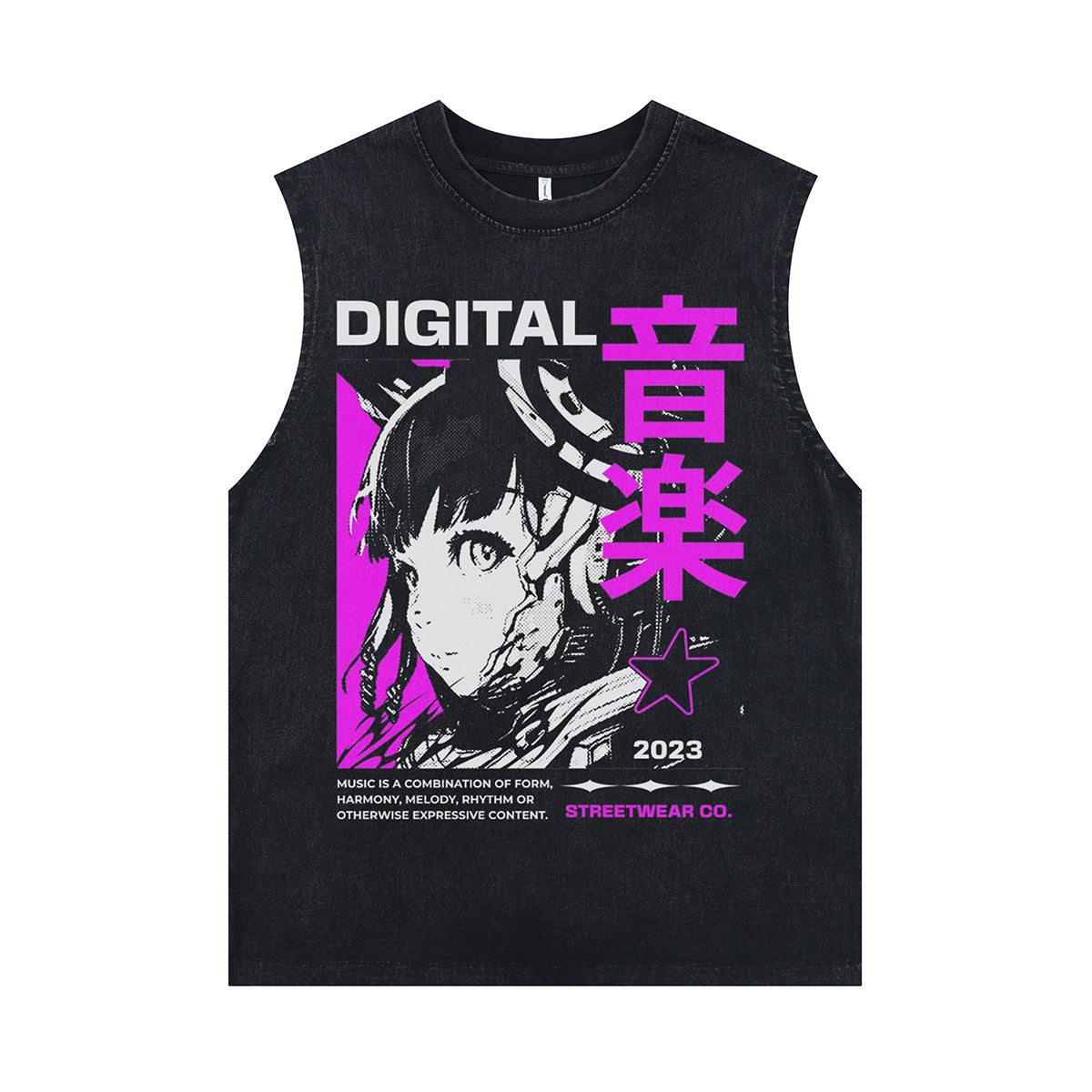 Anime girl sleeveless t-shirt digital slogan surfer vest 00s retro Japanese tank top in acid wash black