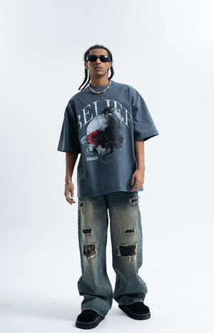 Snake print t-shirt skeleton bones top gothic tee in blue