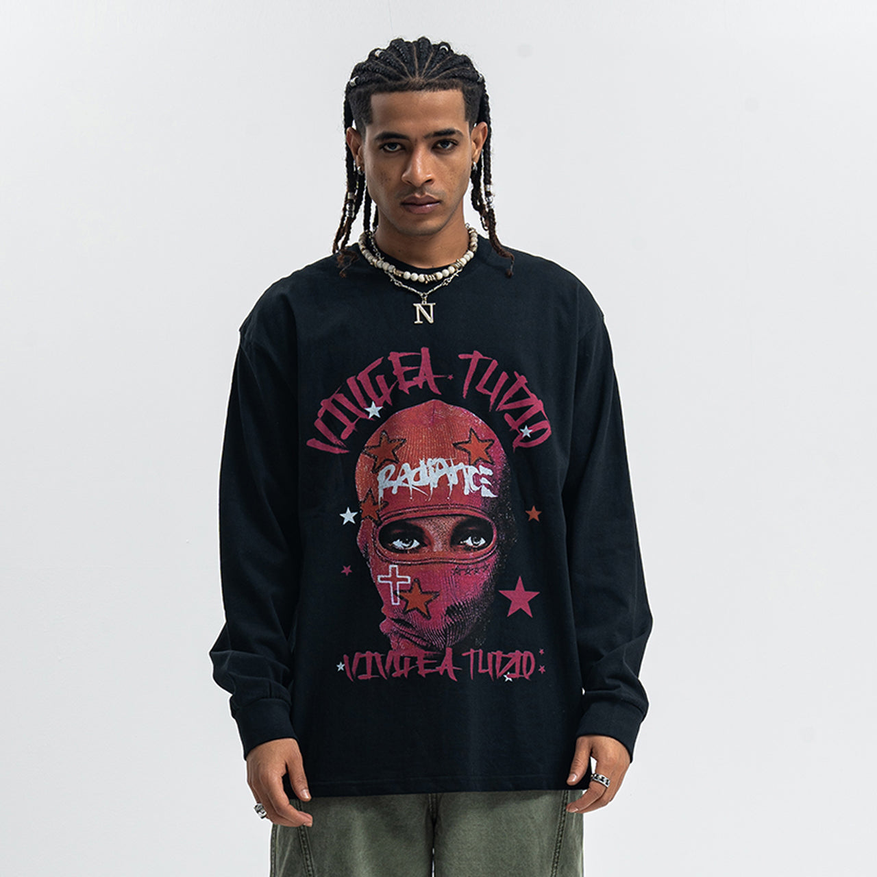 Balaclava print long sleeve top ganster t-shirt hip-hop jumper in black